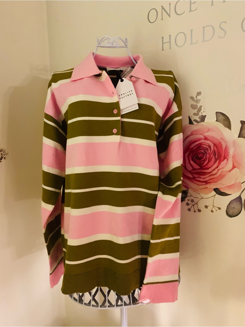 English Factory Women’s Striped Polo Knit Shirt Pink Green Medium Collared